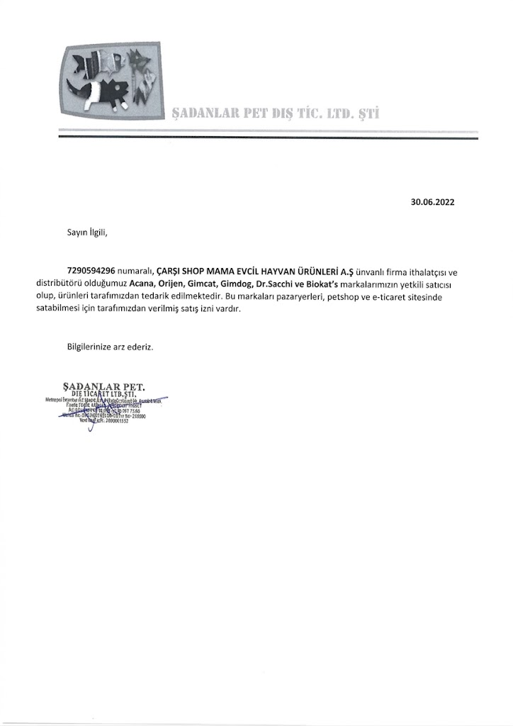 Acana / Orijen Yetkili Satıcı Belgesi